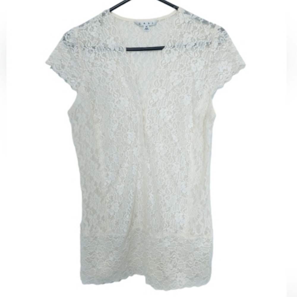 Cabi Cream Ivory Lace Womans Blouse Shirt sz Medium Sheer Vneck Romantic